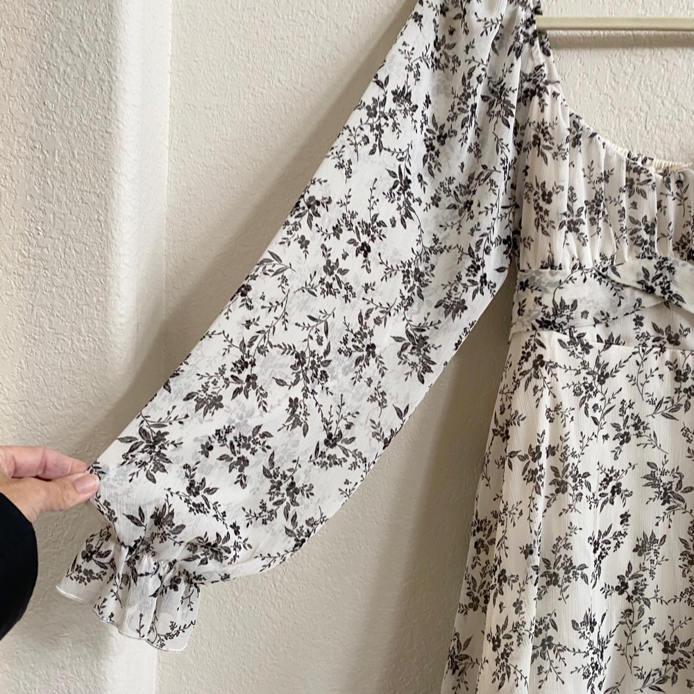 Thirty Thirty‎ LA Babydoll Mini Dress Floral White Black Prairie Ruffle Size L - Picture 3 of 12